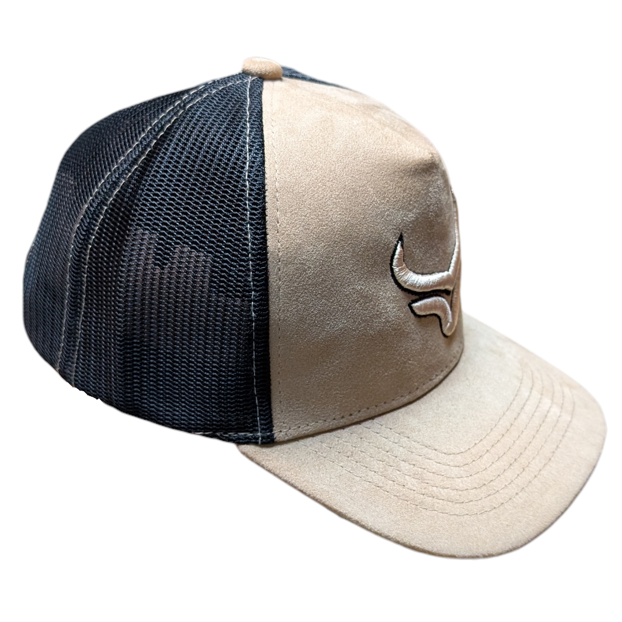 Western Cap (0002) - Beige & Black Mesh w/ Longhorn Stitching