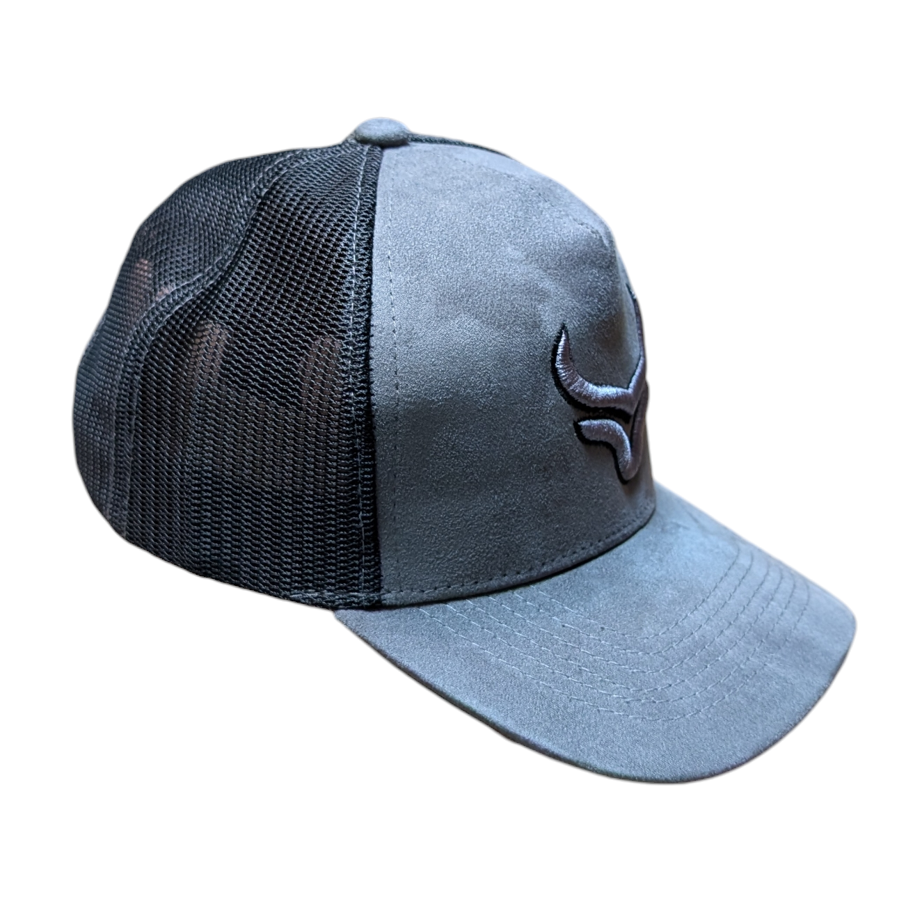 Western Cap (0003) - Grey & Black Mesh w/ Longhorn Stitching