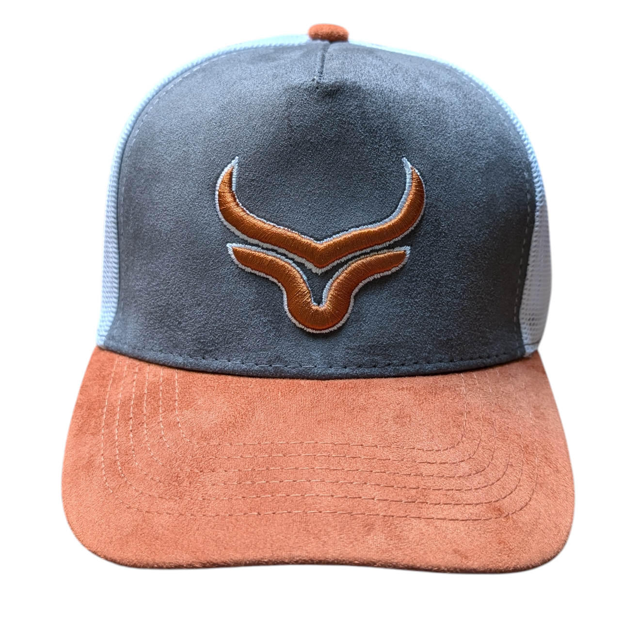 Western Cap (0004) - Grey and Burnt Orange w/ White Mesh & Longhorn Stitching