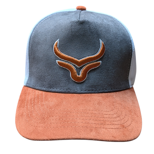 Western Cap (0004) - Grey and Burnt Orange w/ White Mesh & Longhorn Stitching