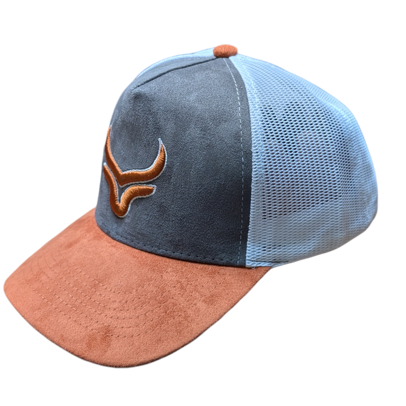 Western Cap (0004) - Grey and Burnt Orange w/ White Mesh & Longhorn Stitching