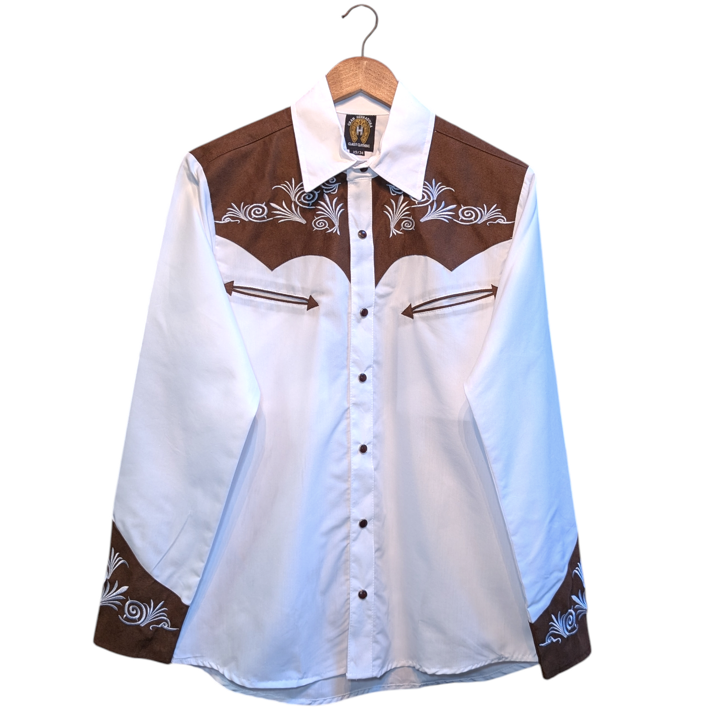 Western Shirt (0019) - White & Brown w/ White Embroidery
