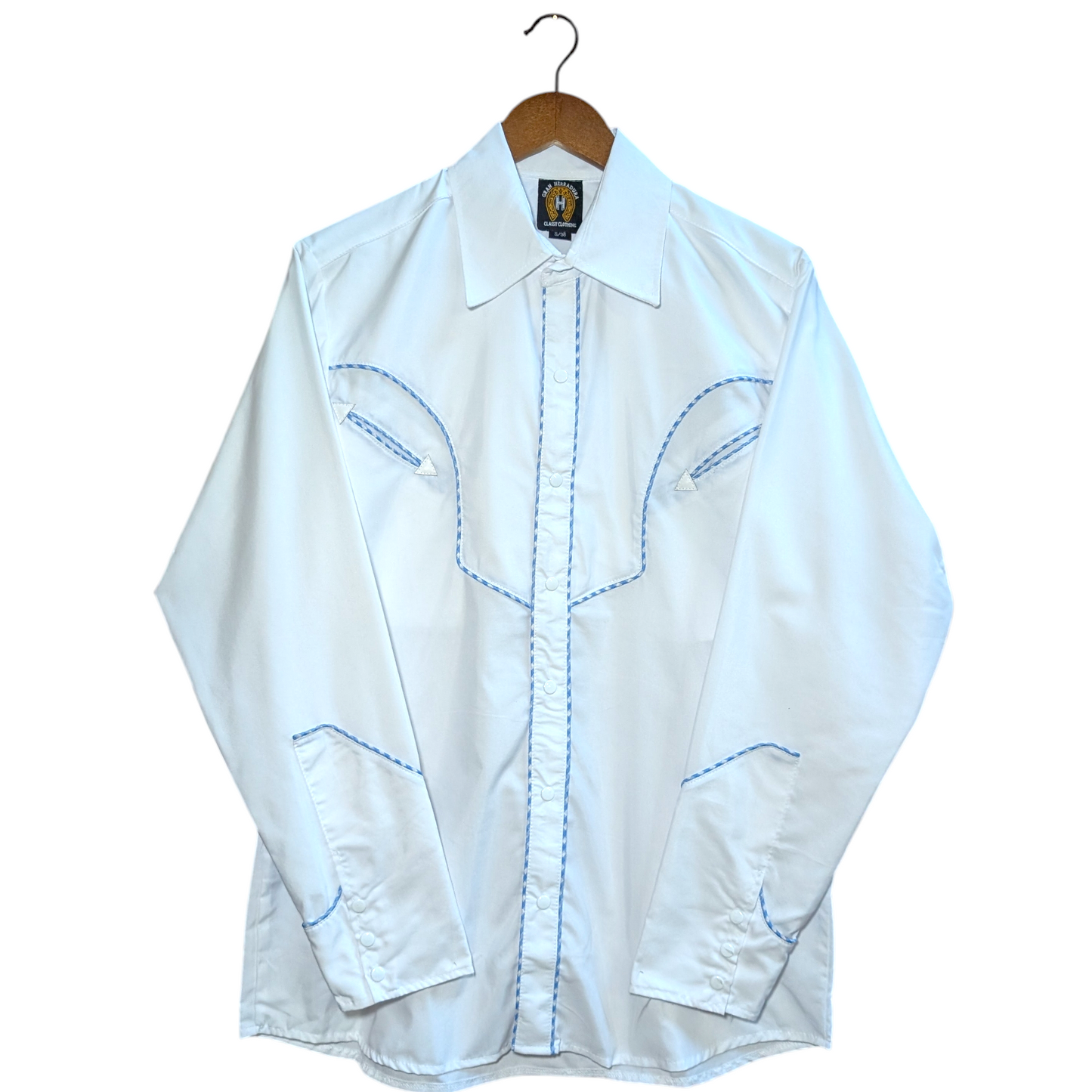 Western Shirt (0025) - White w/ Blue Gingham Accented Stitching