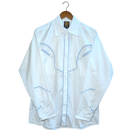 Western Shirt (0025) - White w/ Blue Gingham Accented Stitching