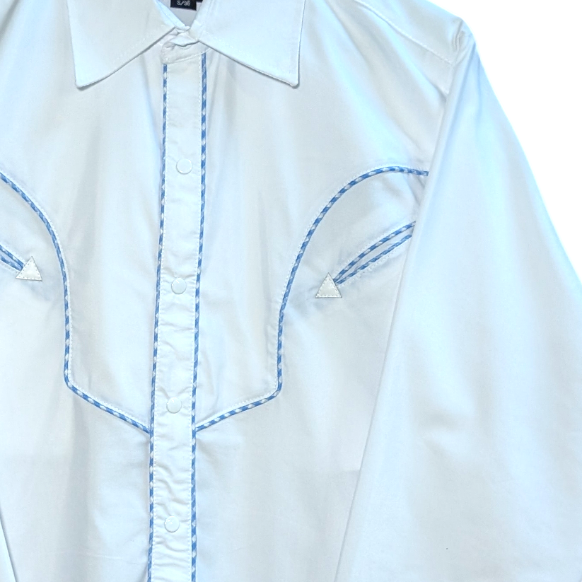 Western Shirt (0025) - White w/ Blue Gingham Accented Stitching