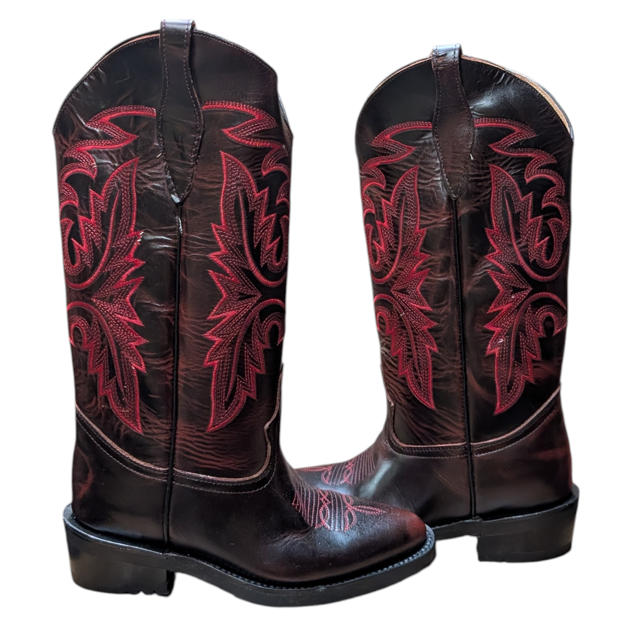 Cowboy Boots (0104) - 16.5" Burgundy w/ Round Toe & Rubber Sole