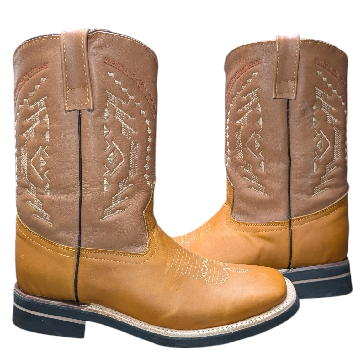 Cowboy Boots (0103) - 12" Square Toe Light Brown Leather w/ Western Stitching