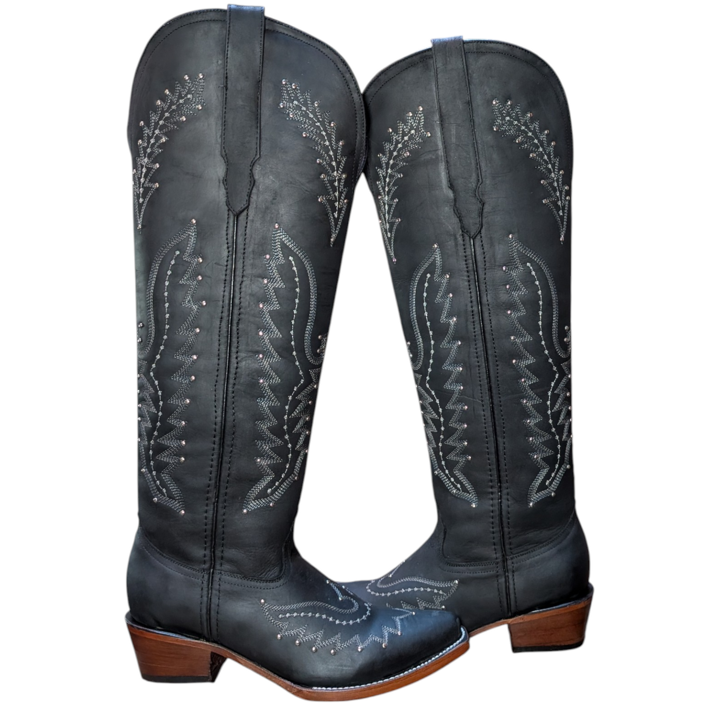 Cowboy Boots (0105) - 22.5" Knee High Black Leather w/ Snip Toe