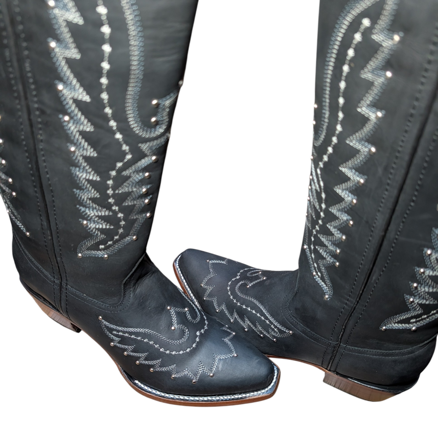Cowboy Boots (0105) - 22.5" Knee High Black Leather w/ Snip Toe