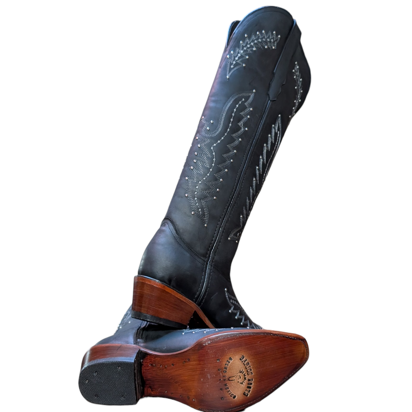 Cowboy Boots (0105) - 22.5" Knee High Black Leather w/ Snip Toe