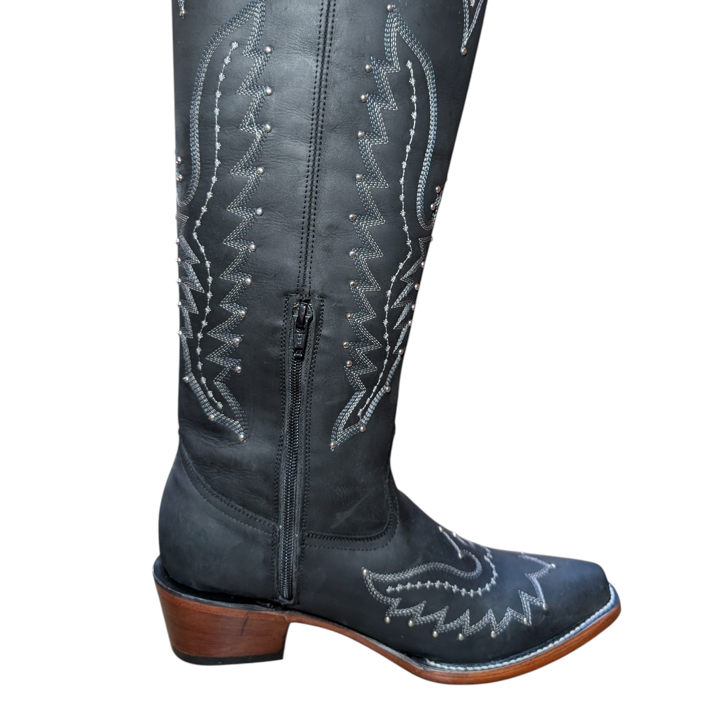 Cowboy Boots (0105) - 22.5" Knee High Black Leather w/ Snip Toe