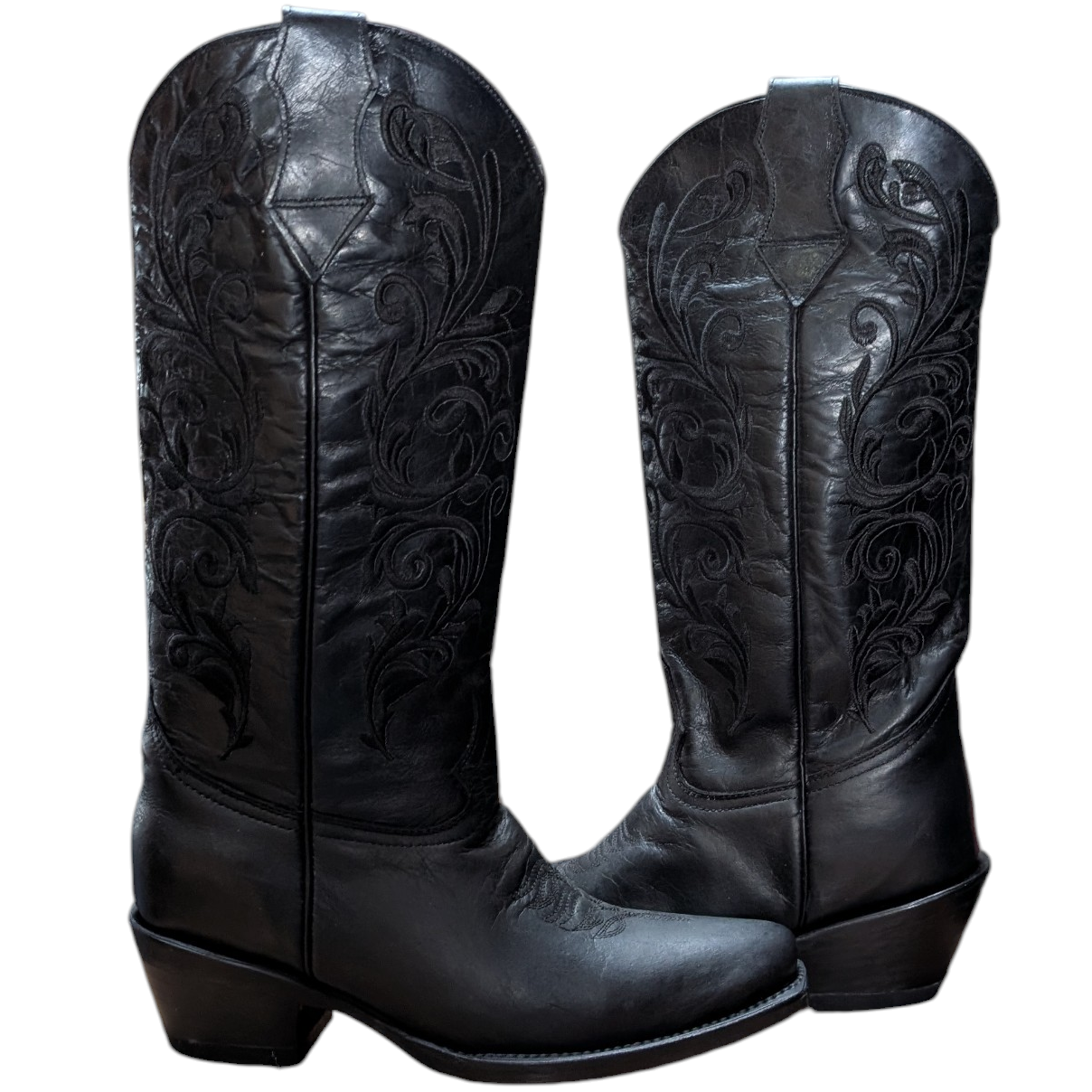 Cowboy Boots (0106) - 15¾" Black w/ Black Botanical Embroidery & Round Toe