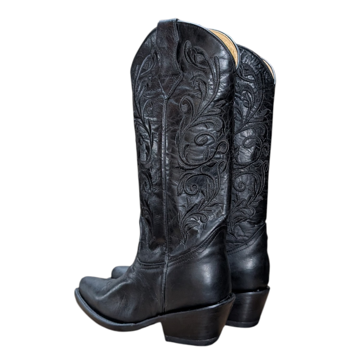 Cowboy Boots (0106) - 15¾" Black w/ Black Botanical Embroidery & Round Toe