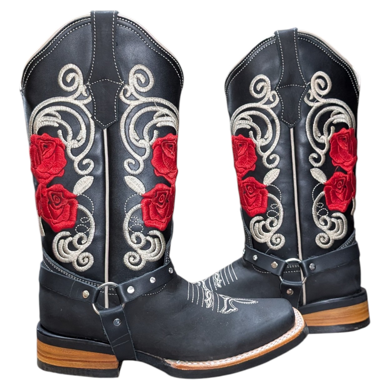 Cowboy Boots (0109) - 13" Black w/ Red Rose Stitching & Rodeo Toe