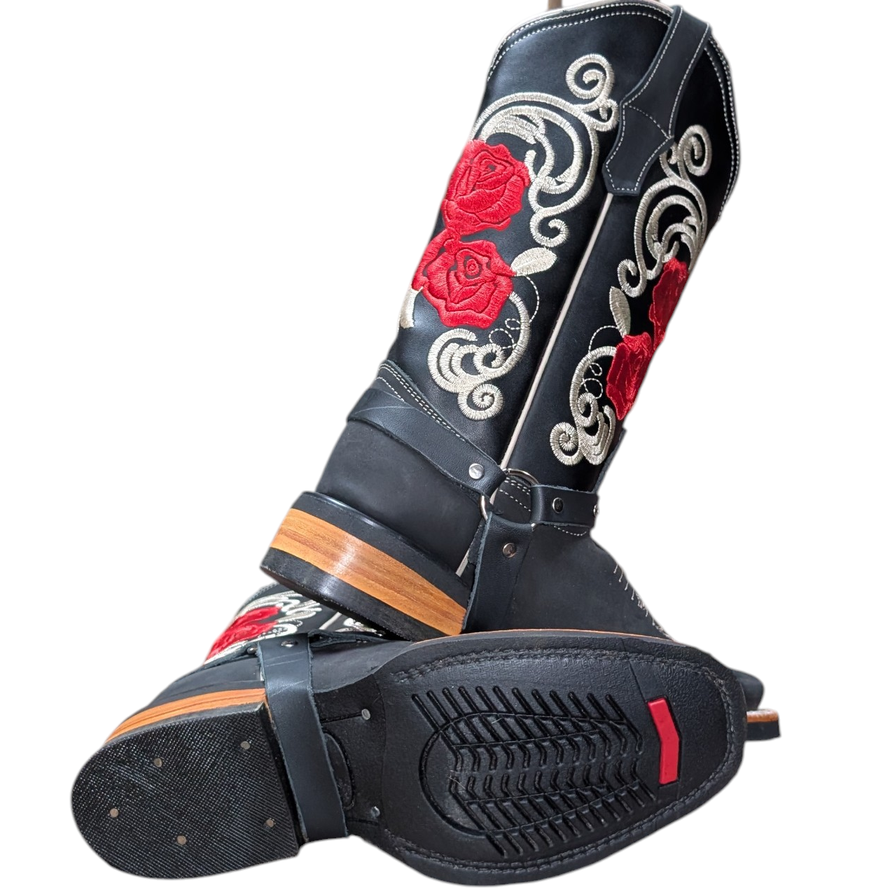 Cowboy Boots (0109) - 13" Black w/ Red Rose Stitching & Rodeo Toe