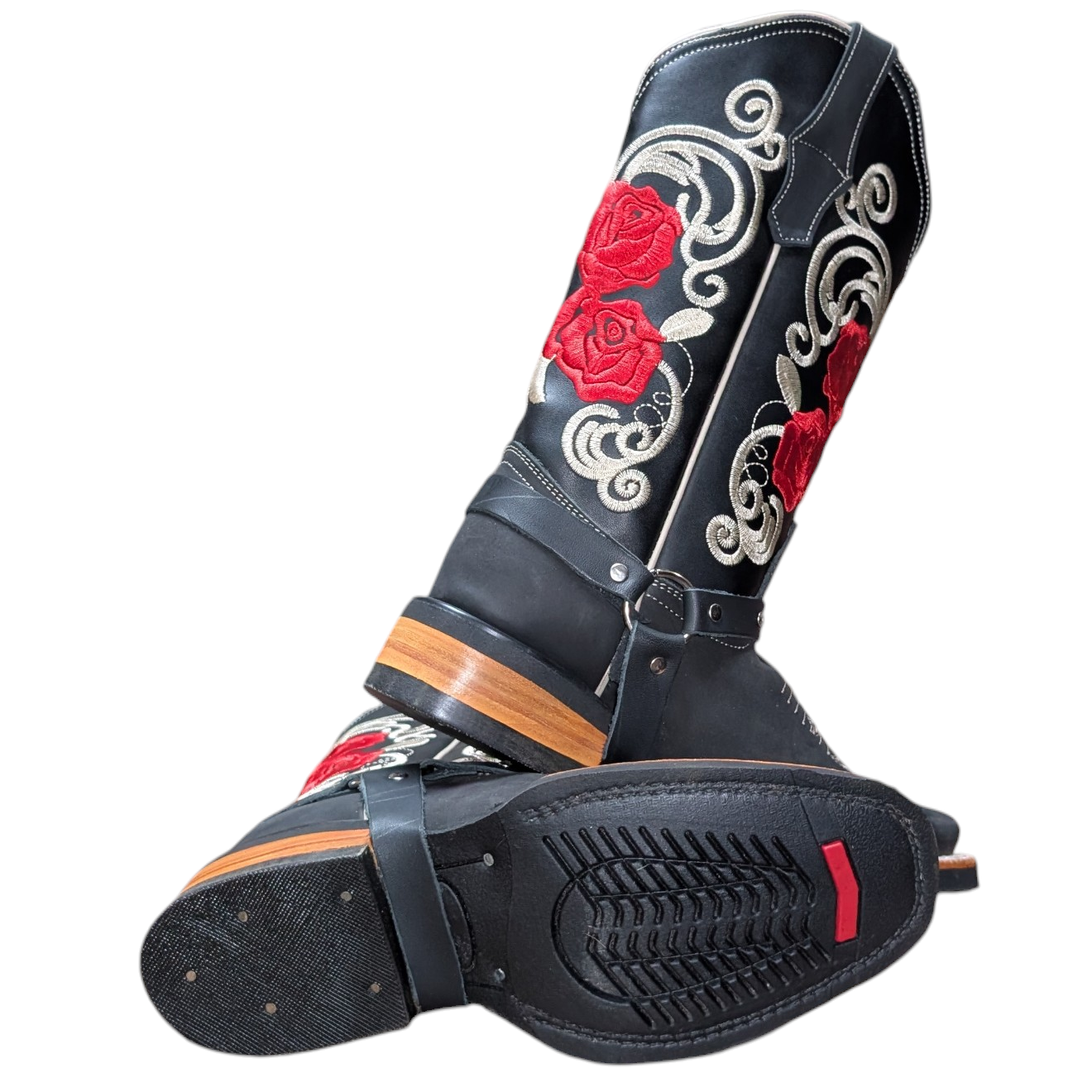 Cowboy Boots (0109) - 13" Black w/ Red Rose Stitching & Rodeo Toe