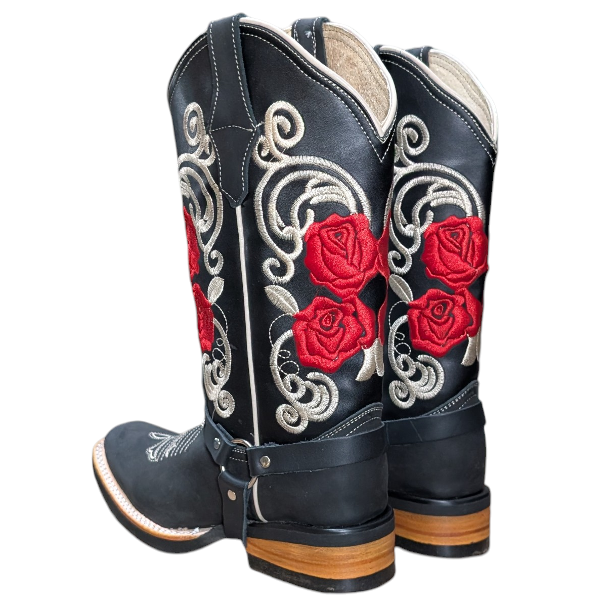 Cowboy Boots (0109) - 13" Black w/ Red Rose Stitching & Rodeo Toe