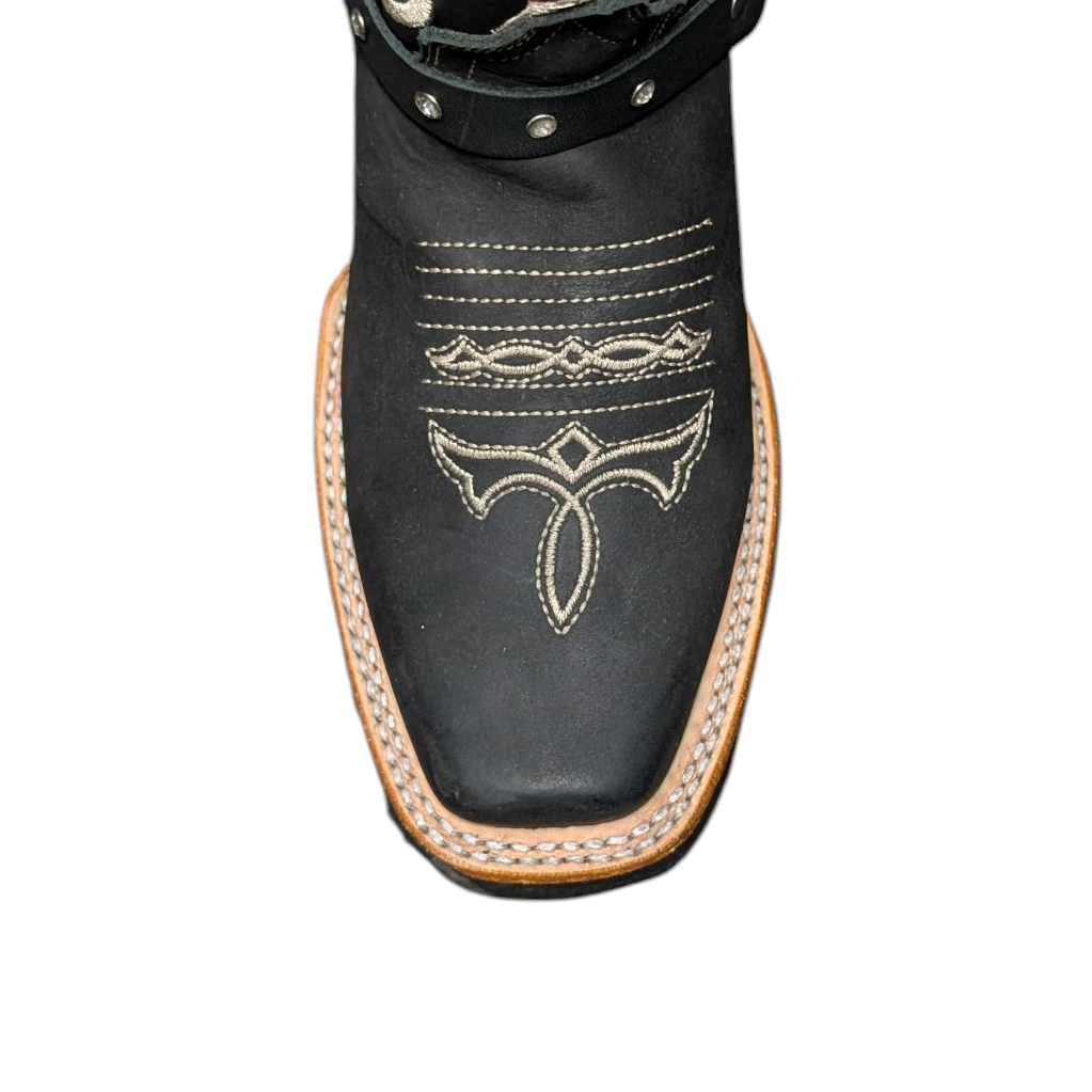 Cowboy Boots (0109) - 13" Black w/ Red Rose Stitching & Rodeo Toe