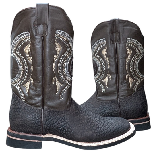 Cowboy Boots (0096) - 13" Dark Brown Bull-hide Leather w/ Silver & Gold Stitching & Square Toe