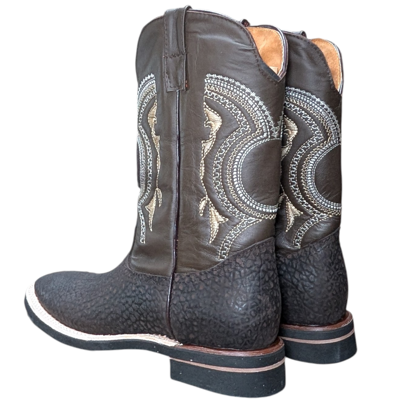 Cowboy Boots (0096) - 13" Dark Brown Bull-hide Leather w/ Silver & Gold Stitching & Square Toe