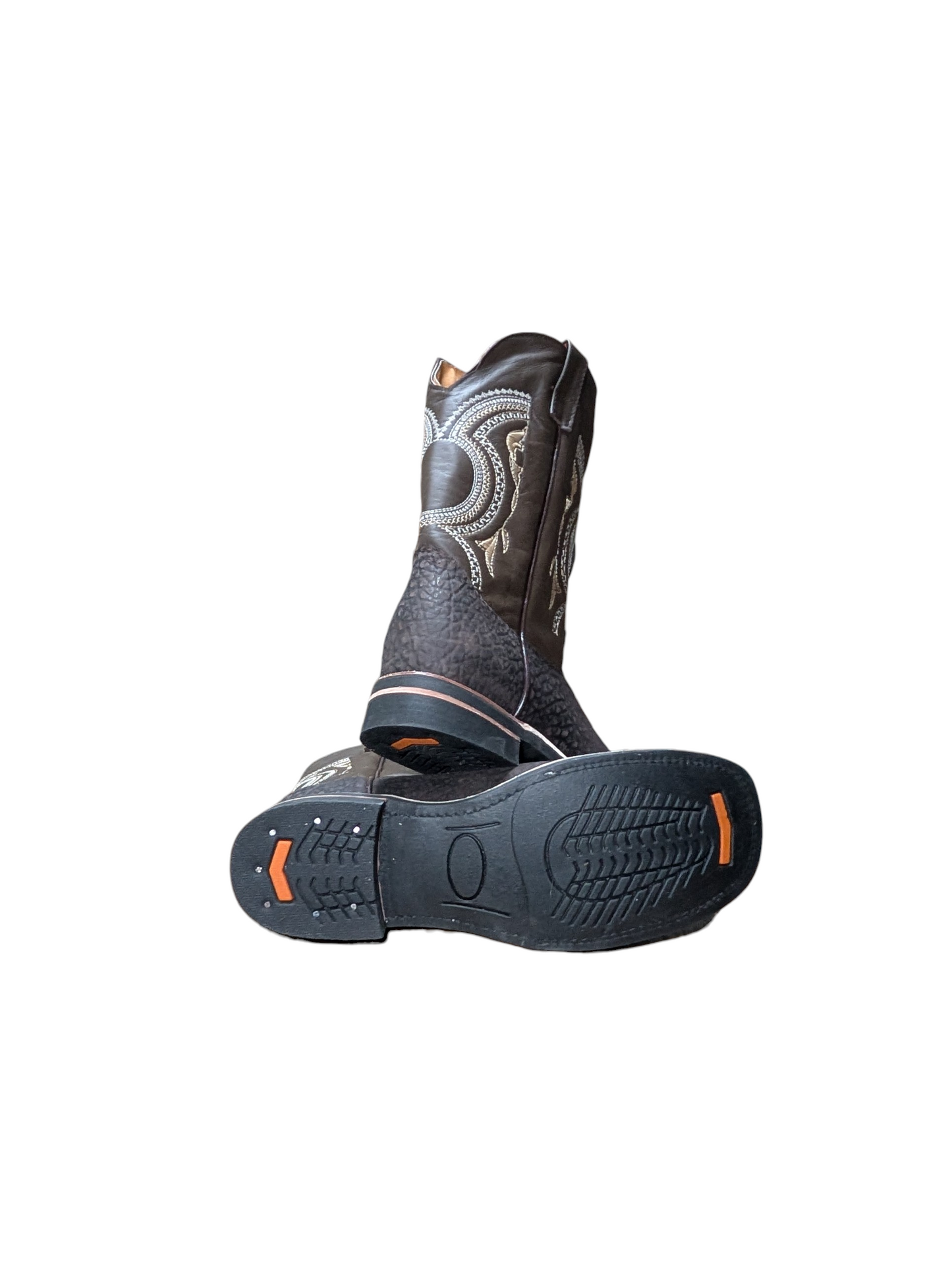 Cowboy Boots (0096) - 13" Dark Brown Bull-hide Leather w/ Silver & Gold Stitching & Square Toe