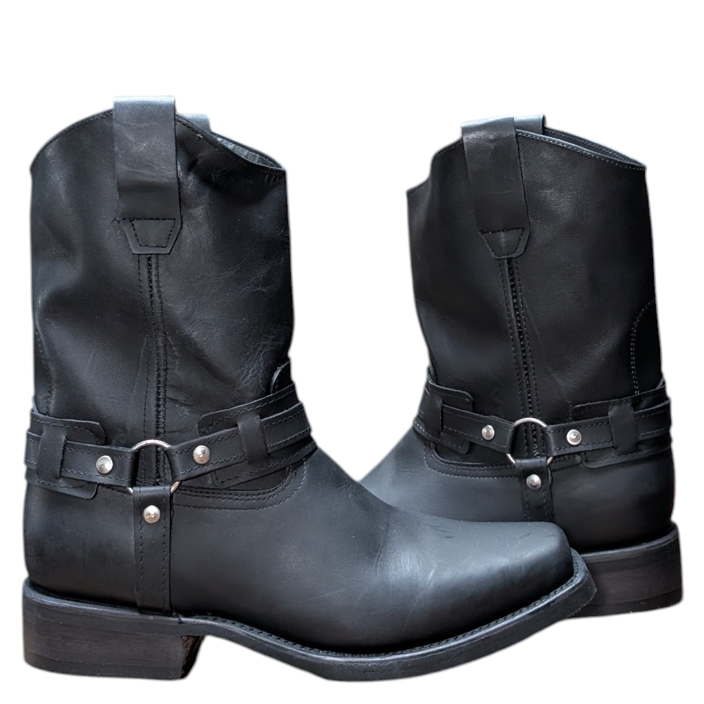Unisex Boots (0099) - 12" Harness Black Leather Rodeo Toe Boot