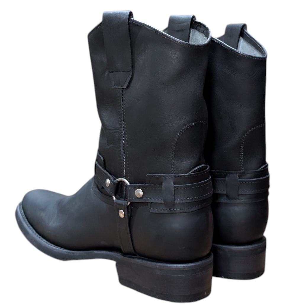 Unisex Boots (0099) - 12" Harness Black Leather Rodeo Toe Boot