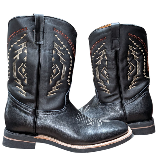 Cowboy Boots (0101) - 12" Black Leather w/ Western Stitching & Square Toe