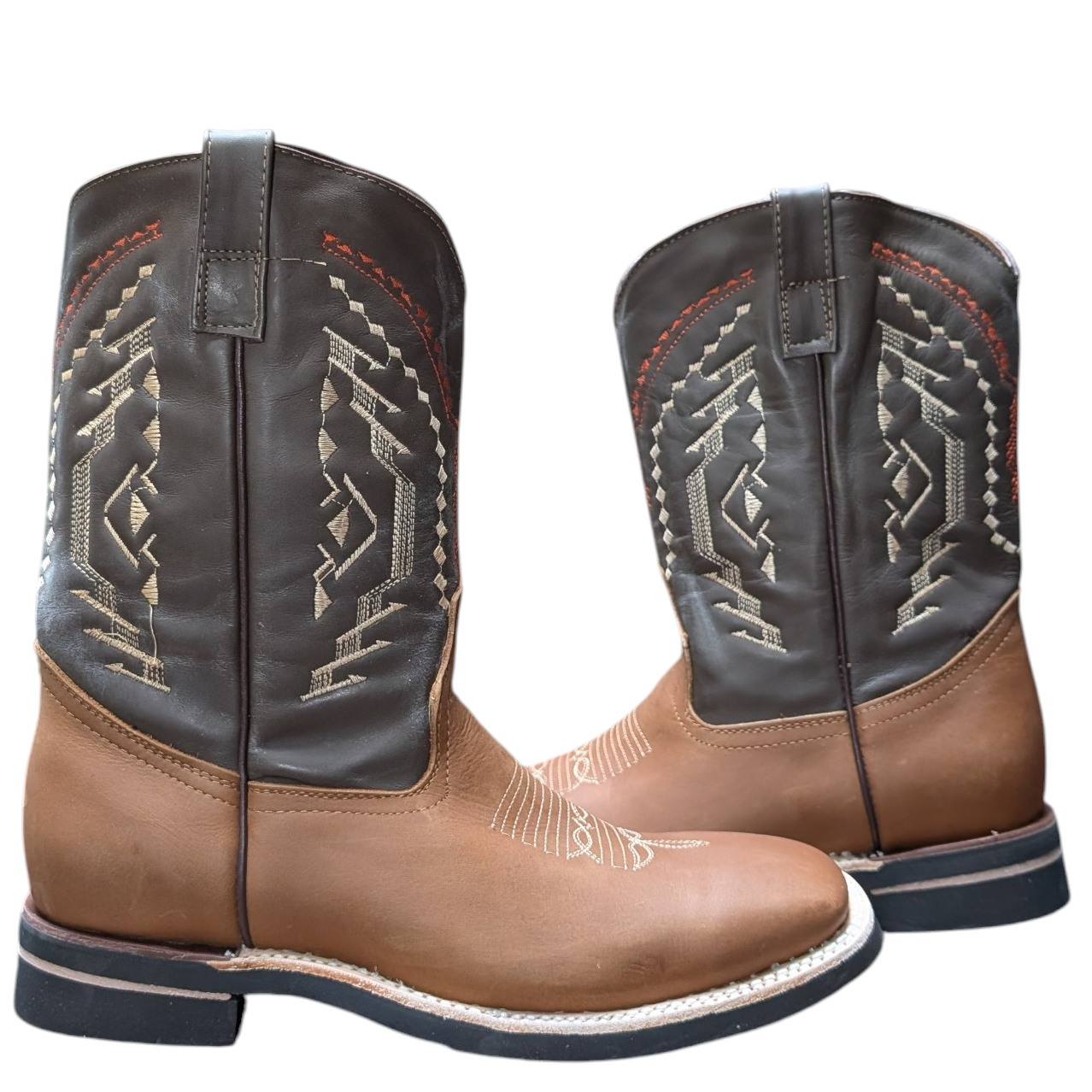 Cowboy Boots (0109) - 12" Square Toe Light Brown & Dark Brown Leather Western Stitching