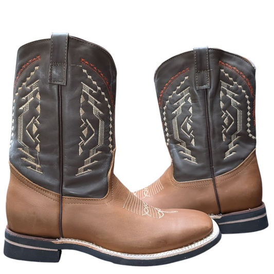 Cowboy Boots (0109) - 12" Square Toe Light Brown & Dark Brown Leather Western Stitching