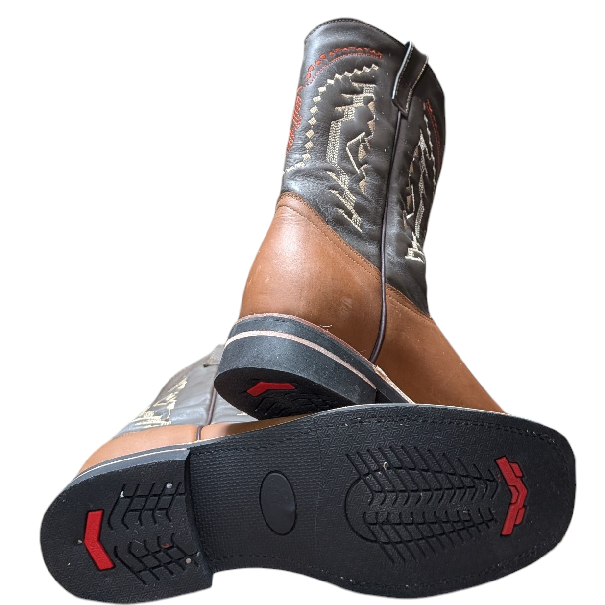 Cowboy Boots (0109) - 12" Square Toe Light Brown & Dark Brown Leather Western Stitching