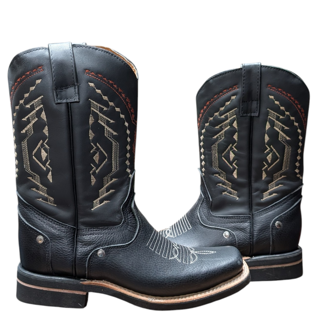 Cowboy Boots (0110) - 12" Black Leather w/ Western Stitching & Rodeo Toe (studded detailing)