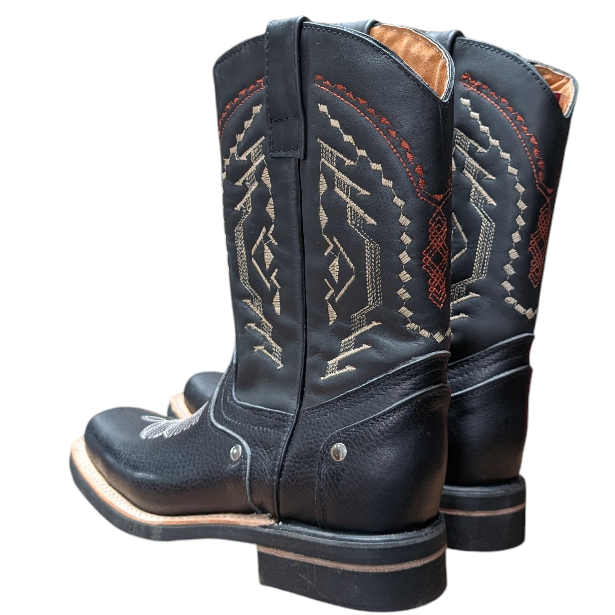 Cowboy Boots (0110) - 12" Black Leather w/ Western Stitching & Rodeo Toe (studded detailing)