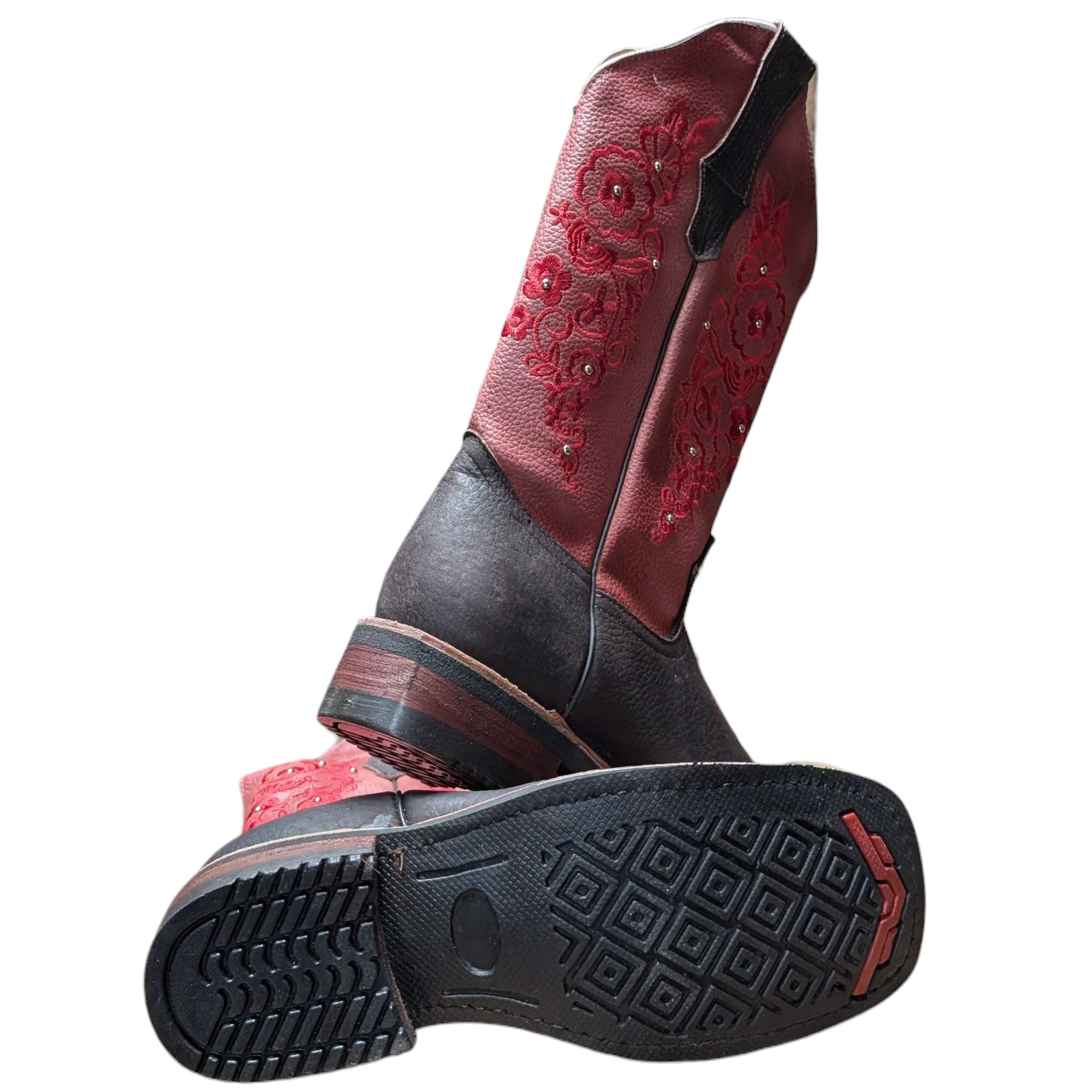 Cowboy Boots (0112) - 13.5" Brown & Light Burgundy Leather w/ Floral Stitching & Square Toe