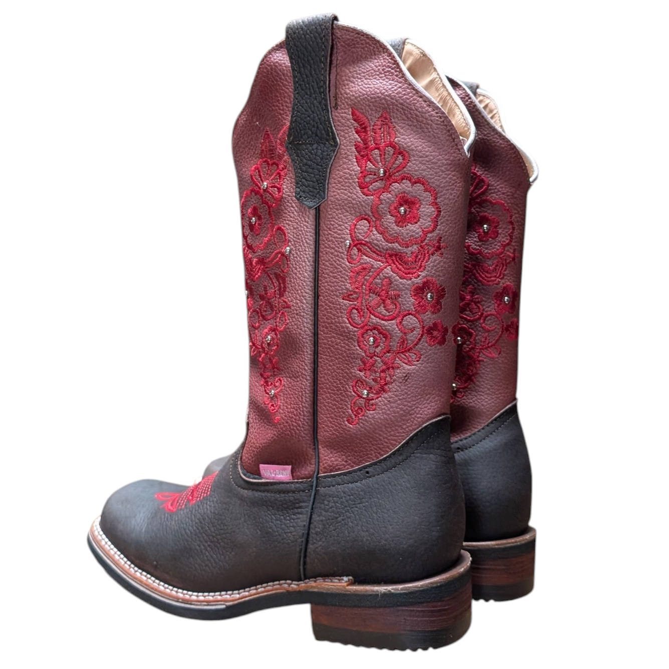 Cowboy Boots (0112) - 13.5" Brown & Light Burgundy Leather w/ Floral Stitching & Square Toe