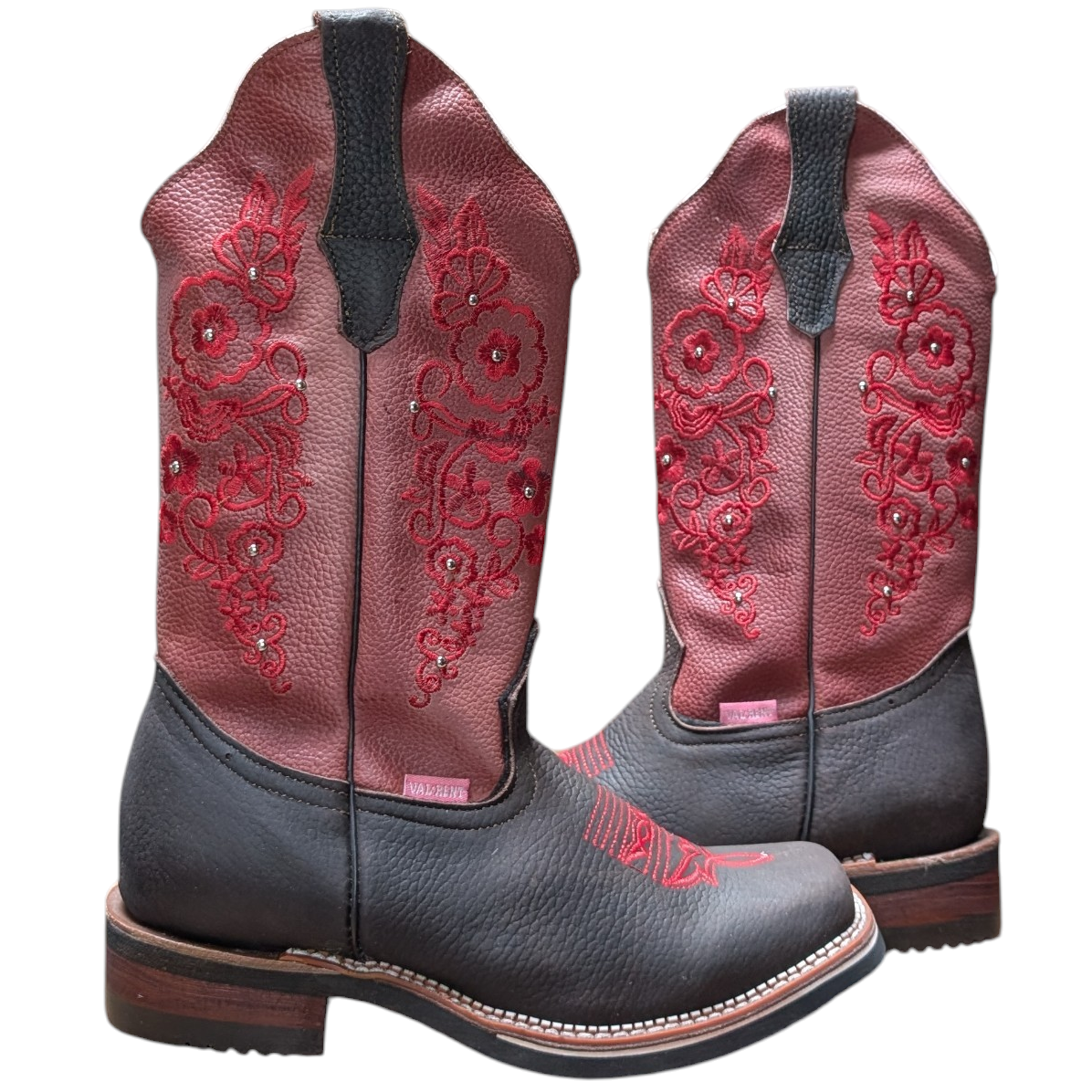Cowboy Boots (0112) - 13.5" Brown & Light Burgundy Leather w/ Floral Stitching & Square Toe