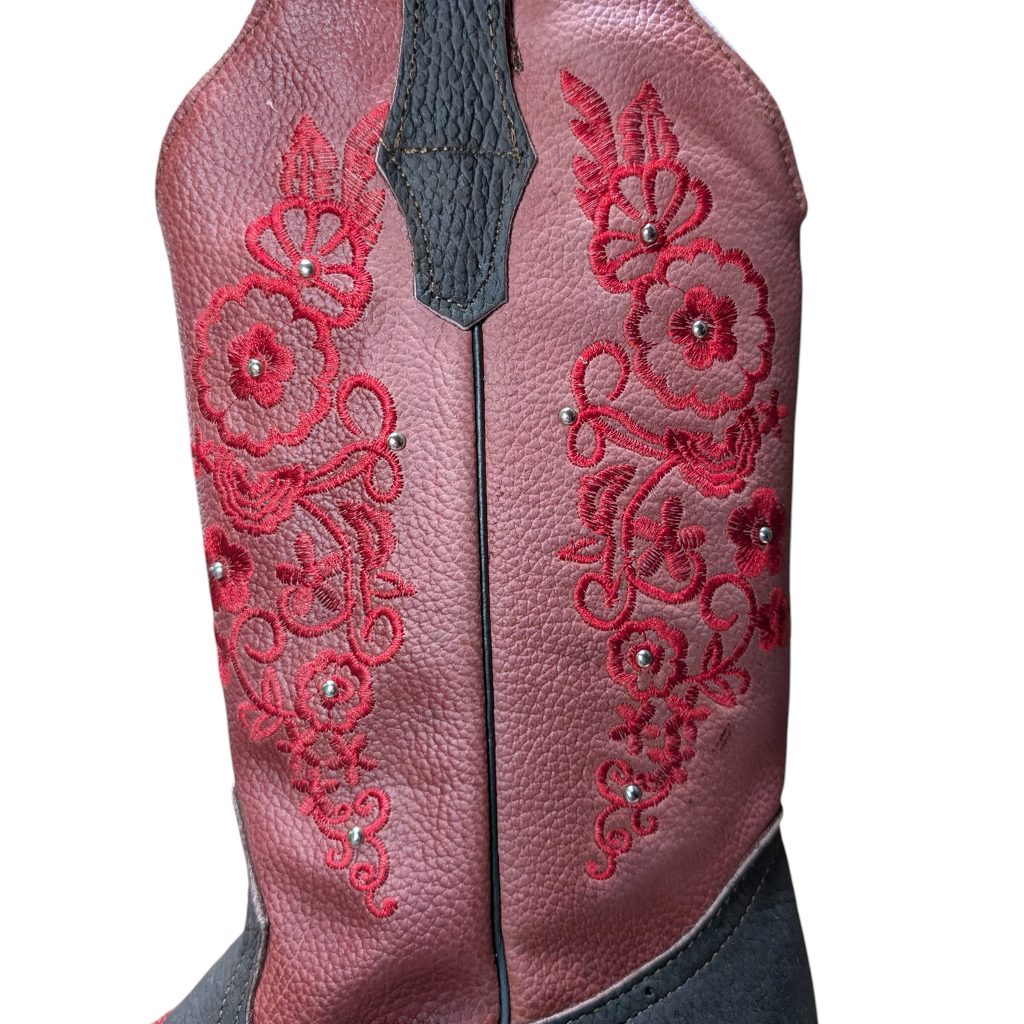 Cowboy Boots (0112) - 13.5" Brown & Light Burgundy Leather w/ Floral Stitching & Square Toe