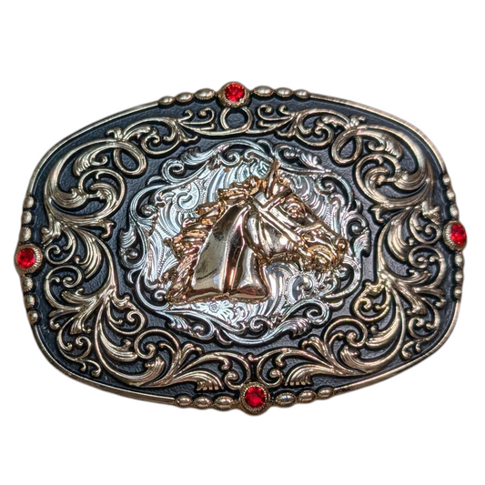 Western Buckle (0068) - Mixed Metal Horse Head w/ Red Rhinestones