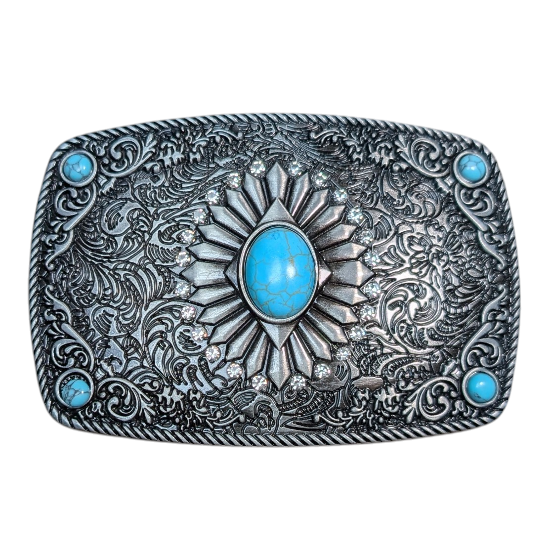 Western Buckle (0071) - Silver w/ Faux Turquoise Stone