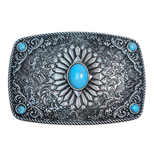 Western Buckle (0071) - Silver w/ Faux Turquoise Stone