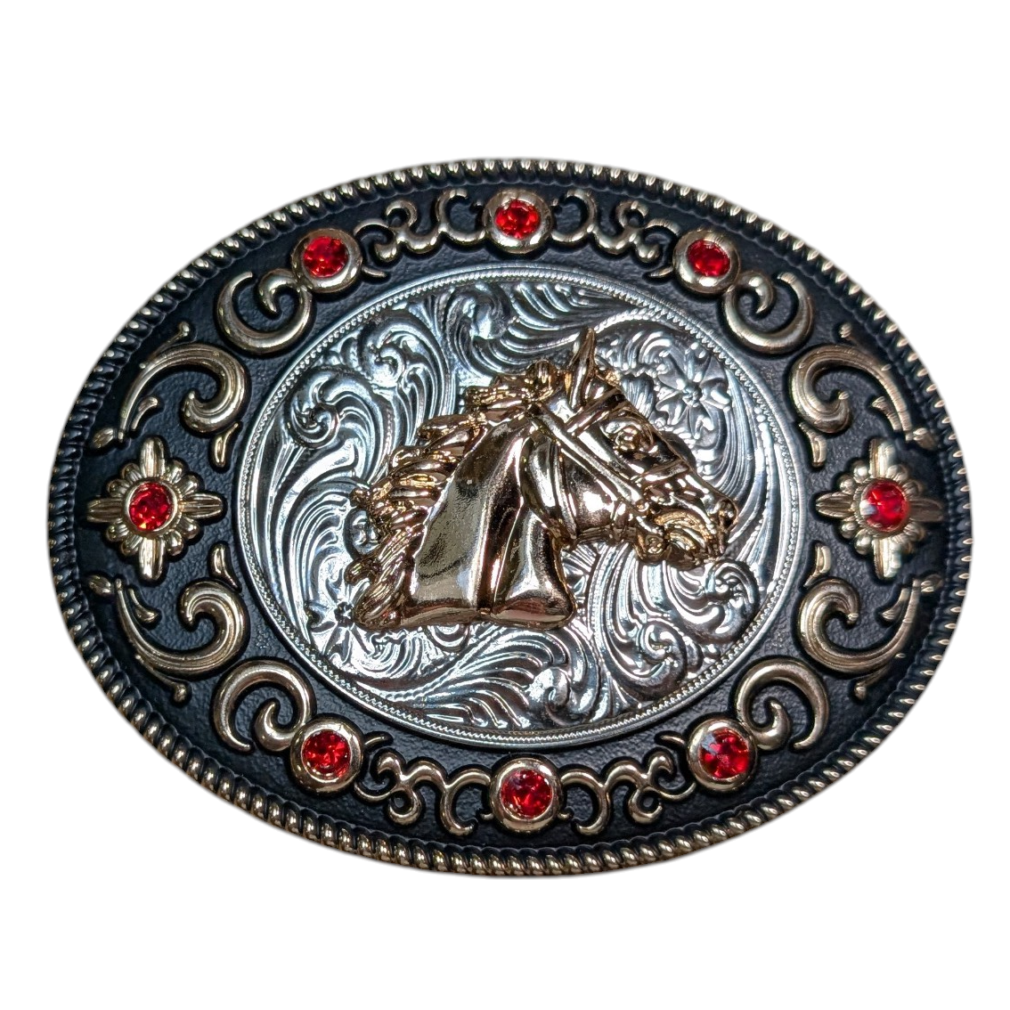 Western Buckle (0072) - Mixed Metal w/ Horse Head and Red Rhinestones