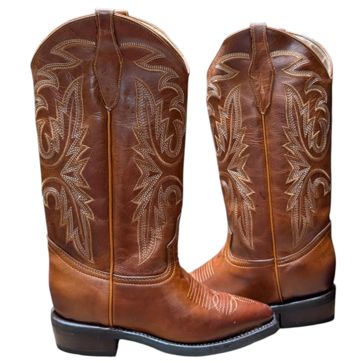 Cowboy Boots (0125) - 15" Brown Leather w/ Snip Toe & Rubber Sole