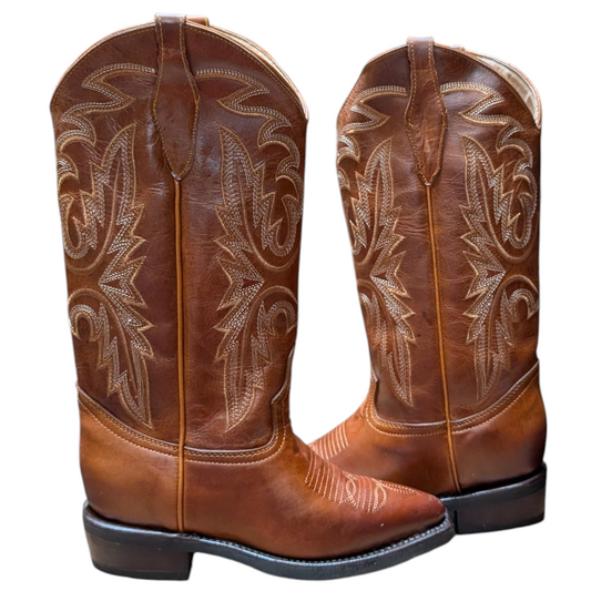 Cowboy Boots (0125) - 15" Brown Leather w/ Snip Toe & Rubber Sole