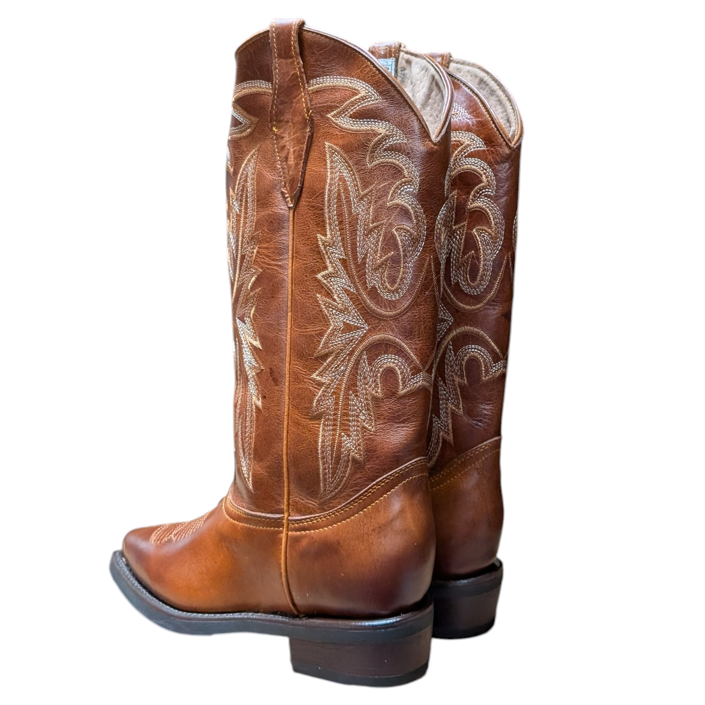 Cowboy Boots (0125) - 15" Brown Leather w/ Snip Toe & Rubber Sole