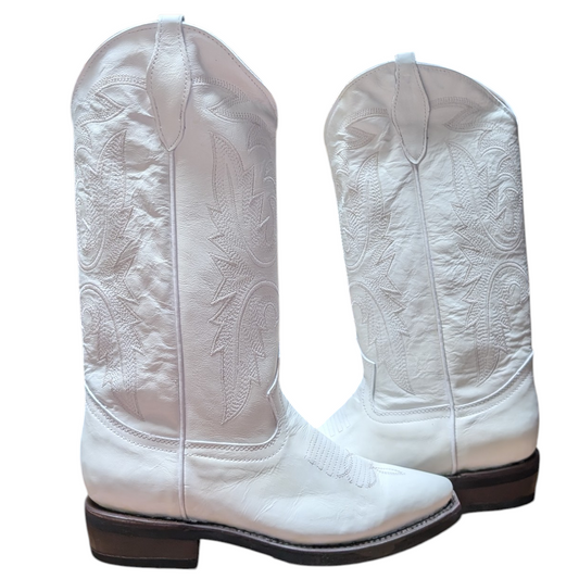 Cowboy Boots (0126) - 15" White Leather w/ Snip Toe and Rubber Sole