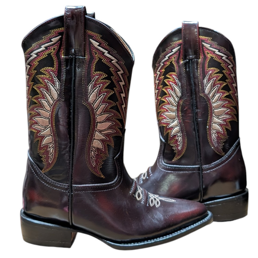 Cowboy Boots (0127) - 13.5" Glossy Burgundy Leather w/ Round Toe