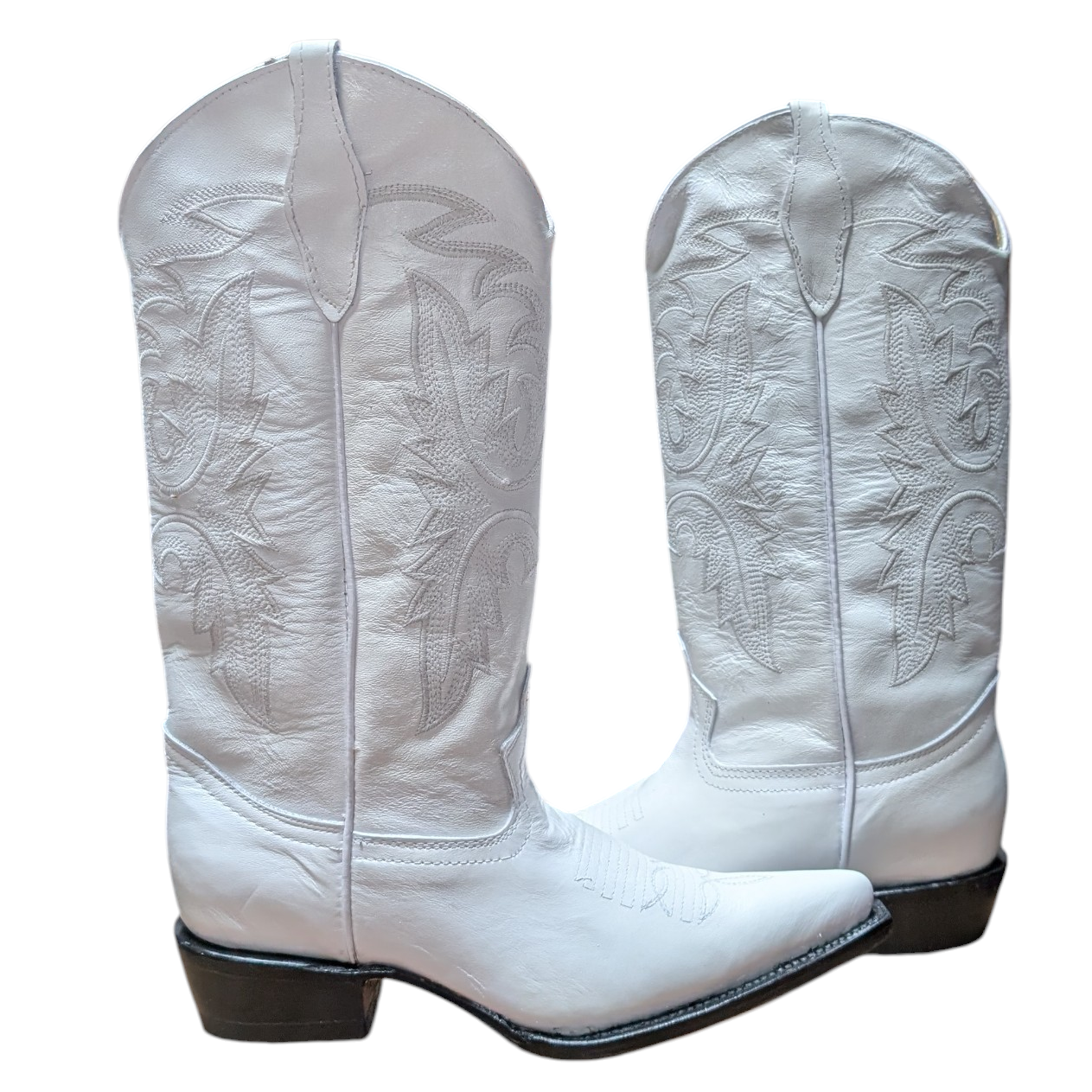 Cowboy Boots (0128) -  15.5" White Leather w/ Pointed Toe and Leather Sole