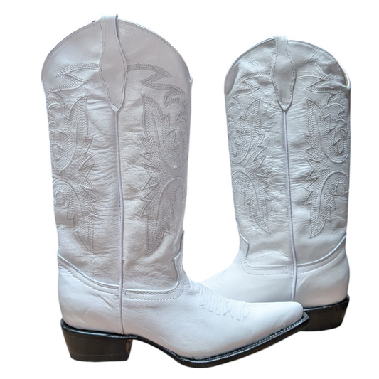 Cowboy Boots (0128) -  15.5" White Leather w/ Pointed Toe and Leather Sole