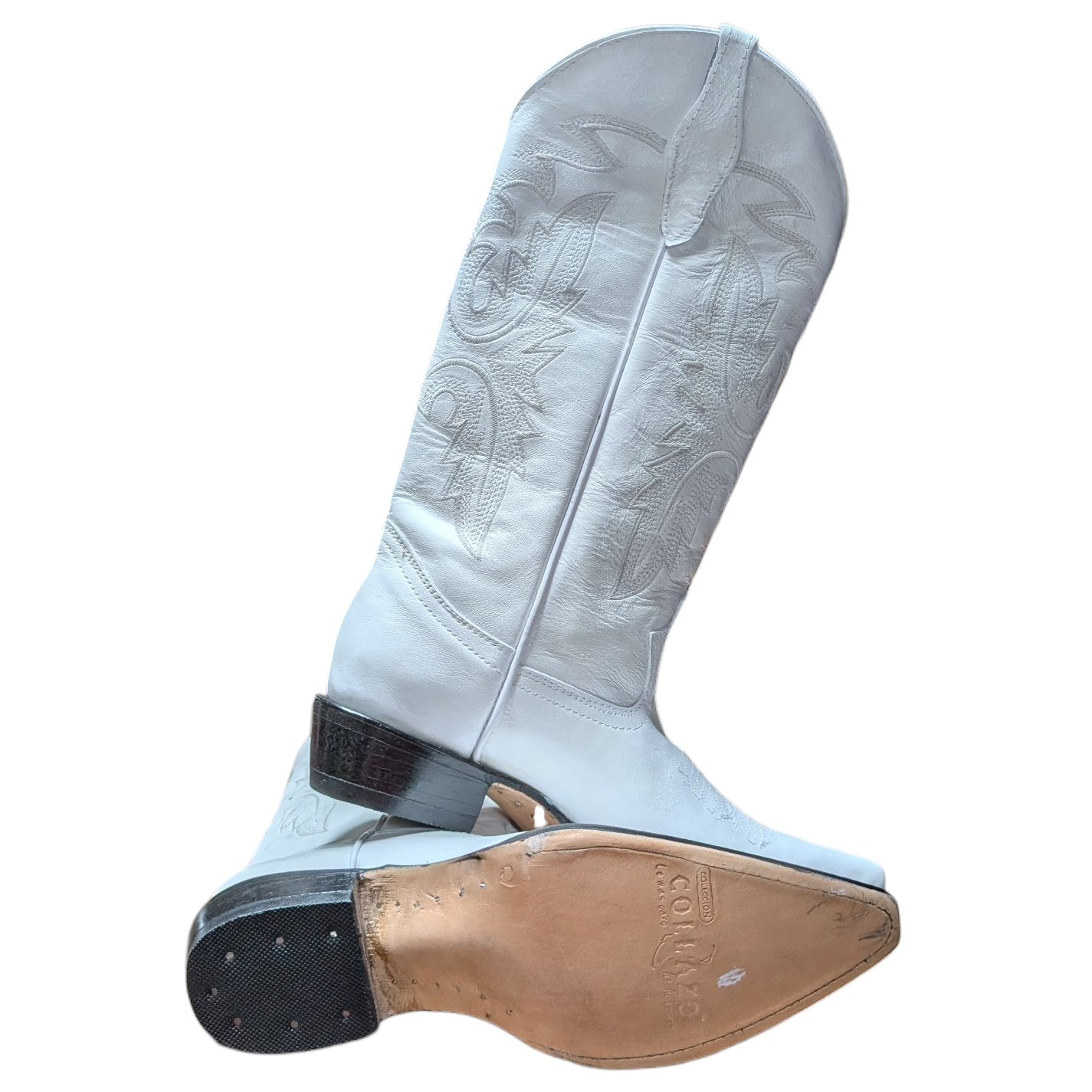 Cowboy Boots (0128) -  15.5" White Leather w/ Pointed Toe and Leather Sole