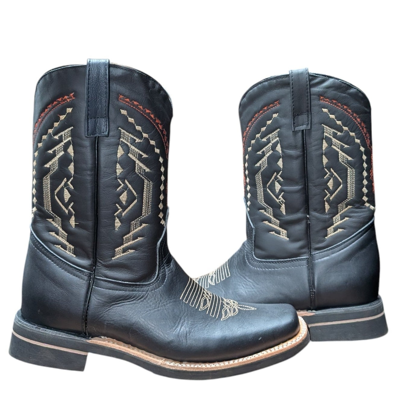 Cowboy Boots (0005) - 12" Rodeo Toe Matte Black Leather Western Stitching